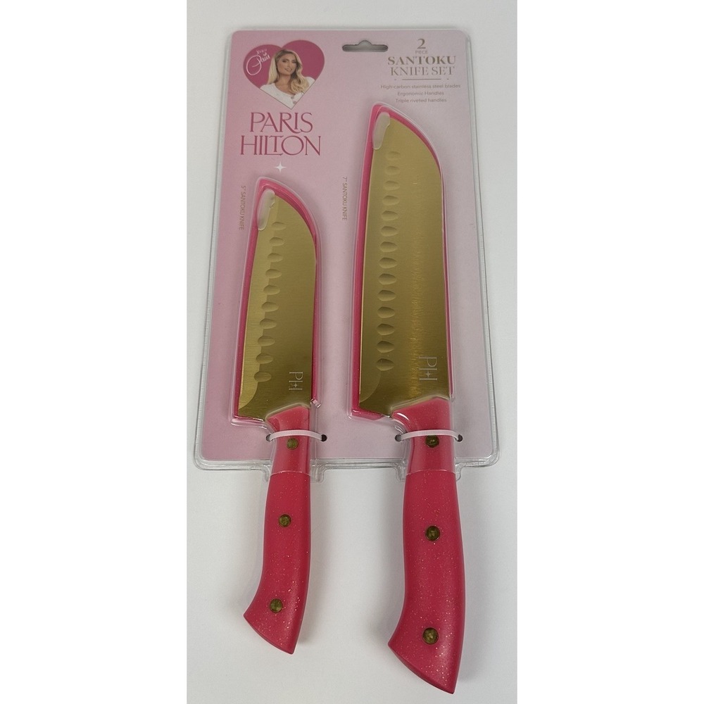 Paris Hilton Santoku Knife Set Pink Gold 2 Pc Stainless Steel Kitchen